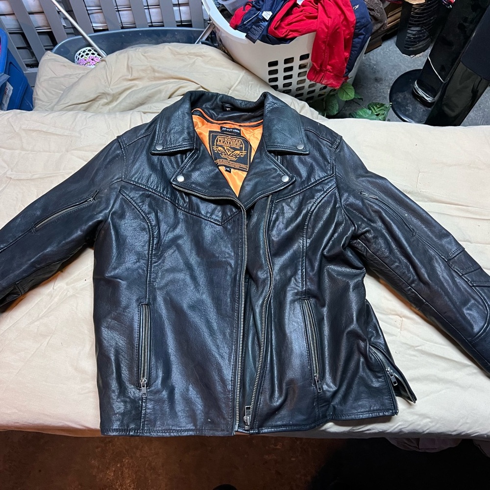 Source Unknown Dark Leather Jacket With Vibrant L… - image 1